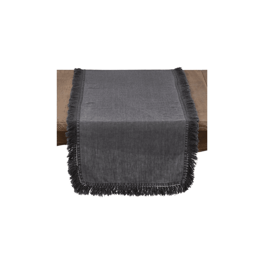 STONEWASHED FRINGE RUNNER 100% LINEN SLATE 16X72 - SARO - Compralo en CorinneRegalos.com