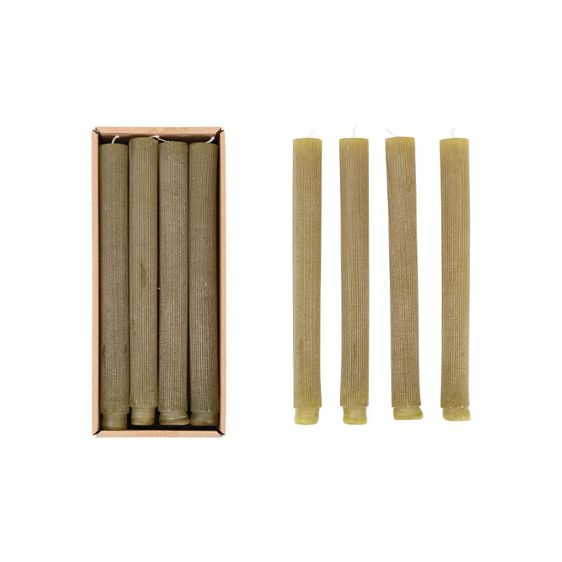 S/12 10H UNSCENTED PLEATEDTAPER CANDLES IN BOX, OLIVE - CREATIVE COOP - Compralo en CorinneRegalos.com
