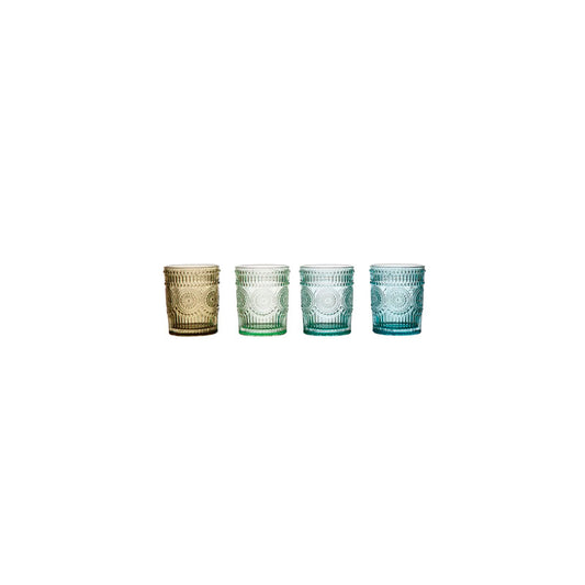 3-1/4 ROUND X 4H EMBOSSED DRINKING GLASS, 4 COLORS - CREATIVE COOP - Compralo en CorinneRegalos.com