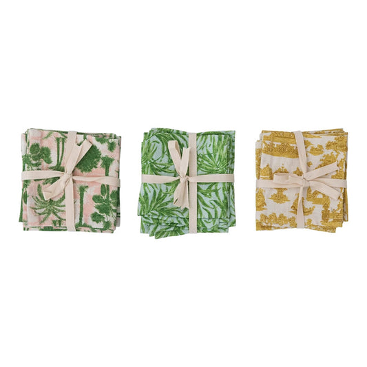 S/4 10 SQUARE COTTON NAPKINS TIED W TWILL TAPE 3 COLORS - CREATIVE COOP - Compralo en CorinneRegalos.com