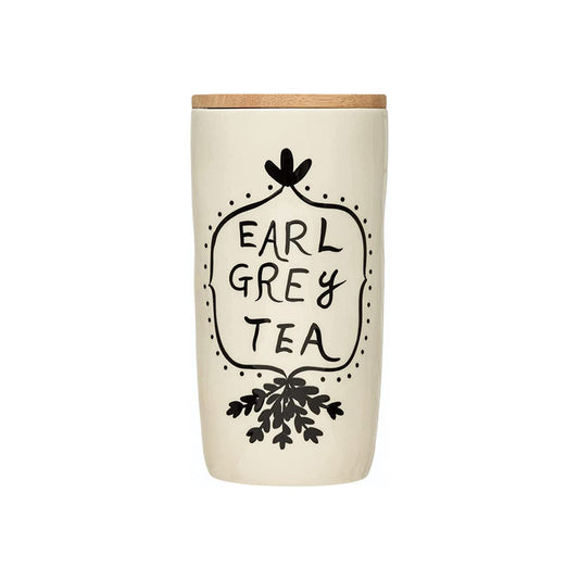 4-1/4 ROUND STONEWARE JAR W/ BAMBOO LID EARL GREY TEA - CREATIVE COOP - Compralo en CorinneRegalos.com