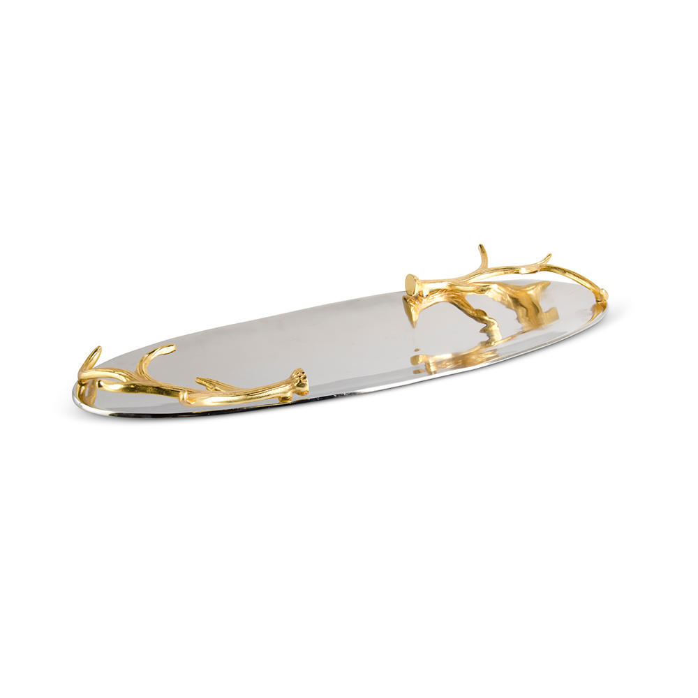29 INCH OVAL POLISHED SILVER METAL  SERVING PLATTER W/GOLD ANTLER - K&K INTERIORS - Compralo en CorinneRegalos.com