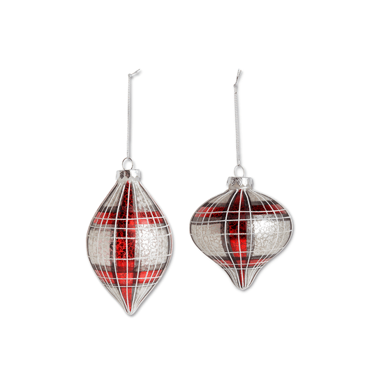 ASSORTED RED BLACK WHITE PLAID ONION & TEARDROP GLASS ORNAMENTS (2 STY - K&K INTERIORS - Compralo en CorinneRegalos.com