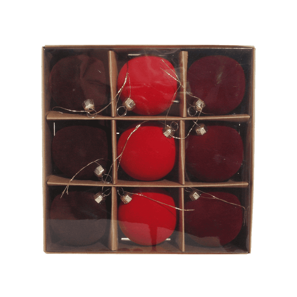 FLOCKING BALL 9PCS IN BOX RED-BURGUNDY MIX 6CM - SHISHI - Compralo en CorinneRegalos.com